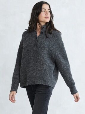 Jenni Kayne Wool Alpaca Boucle Charcoal Half Button Sweater - with branded tote